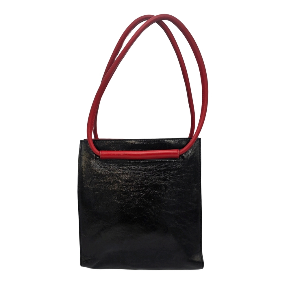 Vintage Amankai Black Leather Tote Red Handles Excellent Cond Attached Pouch